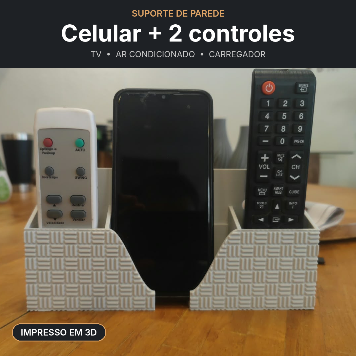 Suporte de Parede para Celular e 2 Controles TV Ar Condicionado Organizador 3D