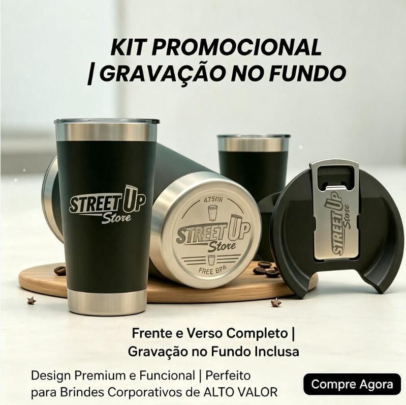 Kit Copos Térmicos 473ml Personalizados – Com Tampa e Abridor Inox – Atacado Corporativo StreetUp
