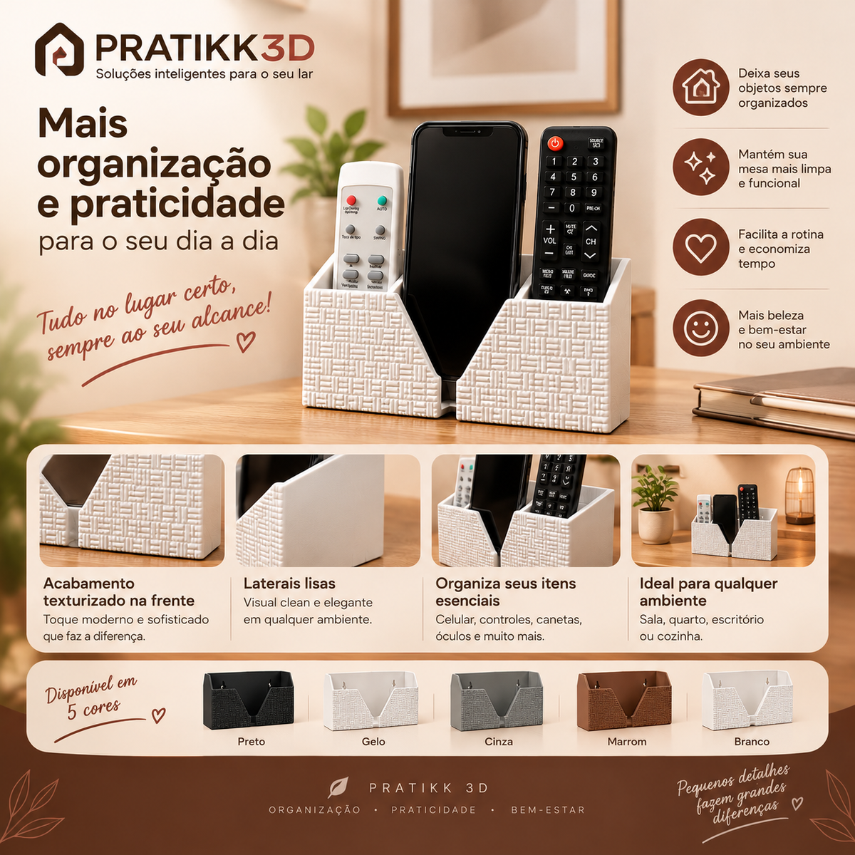 Suporte de Parede para Celular e 2 Controles TV Ar Condicionado Organizador 3D