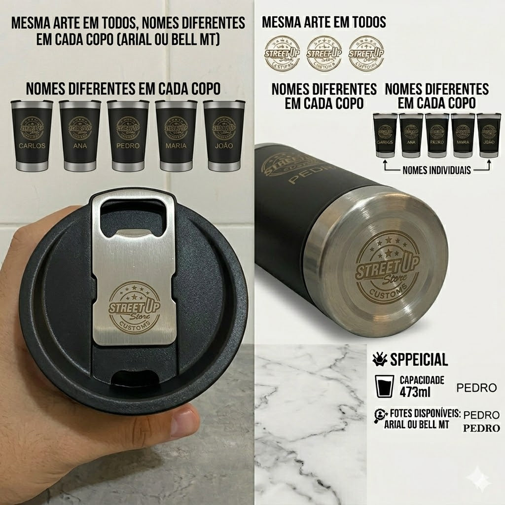 Kit Copos Térmicos 473ml Inox Personalizados Frente e Verso com Tampa – Café, Cerveja, Drinks, Chimarrão e Tereré