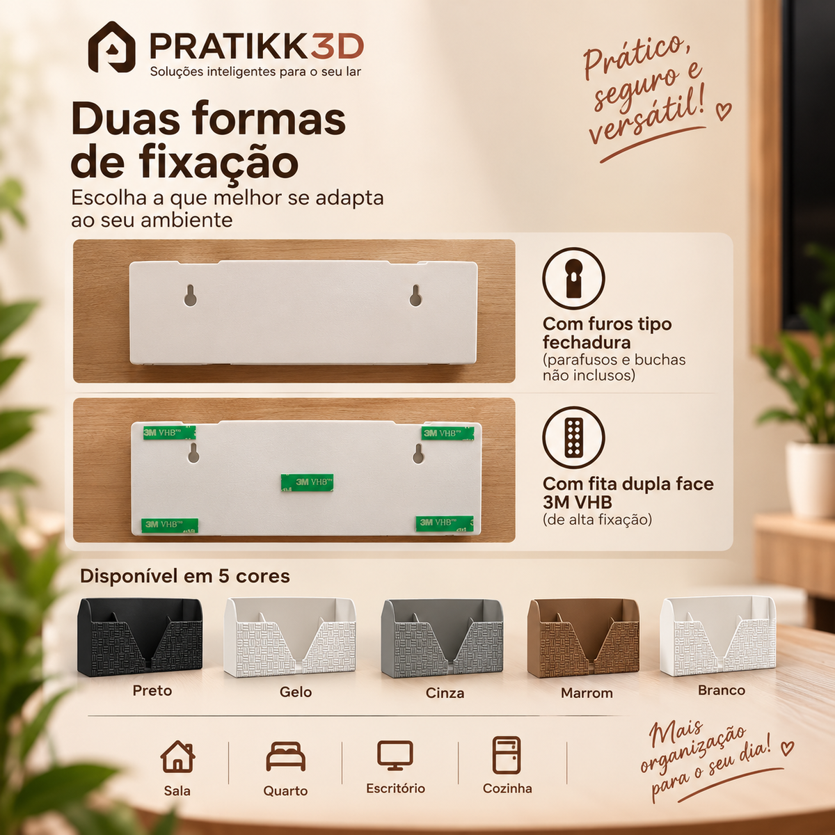 Suporte de Parede para Celular e 2 Controles TV Ar Condicionado Organizador 3D