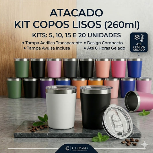 Kit Copos Térmicos 260ml Inox Lisos com Tampa – Café, Chá, Drinks, Chimarrão e Tereré