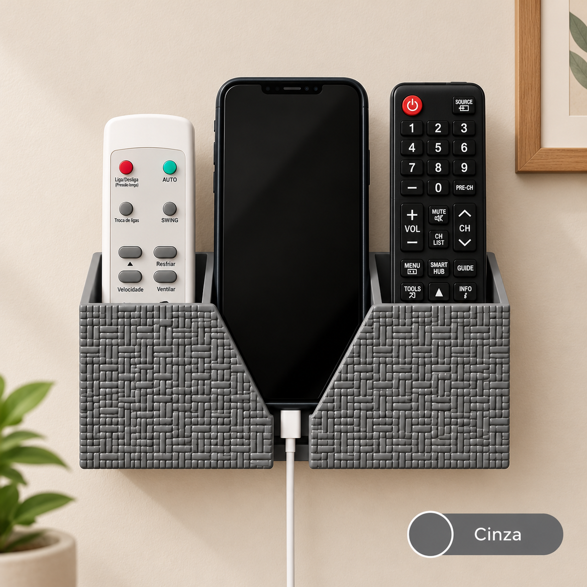 Suporte de Parede para Celular e 2 Controles TV Ar Condicionado Organizador 3D