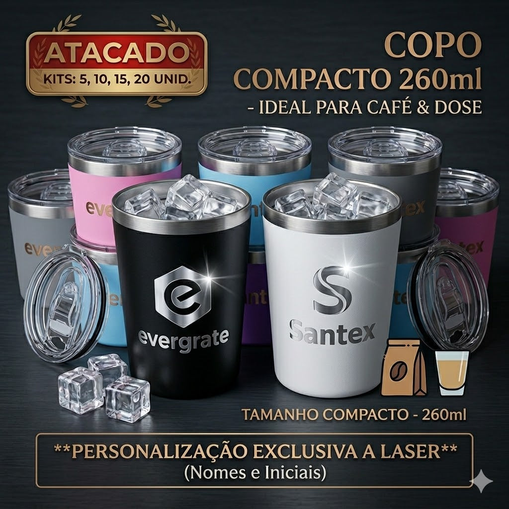 Kit Copos Térmicos 260ml Inox Personalizados – Café, Drinks, Chimarrão e Tereré