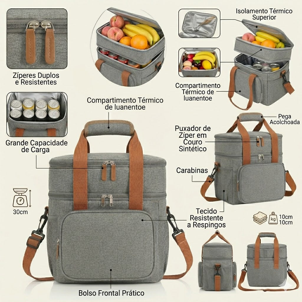 Bolsa Térmica Premium Duplo Compartimento Impermeável - Cinza Mescla/Caramelo