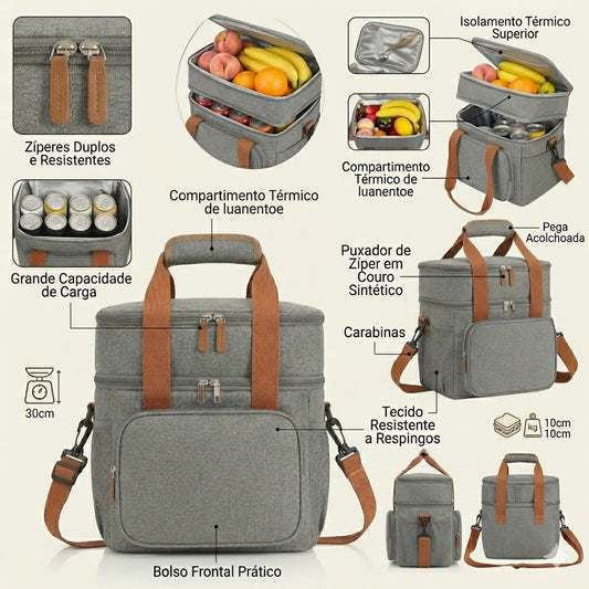 Bolsa Térmica Premium Duplo Compartimento Impermeável - Cinza Mescla/Caramelo