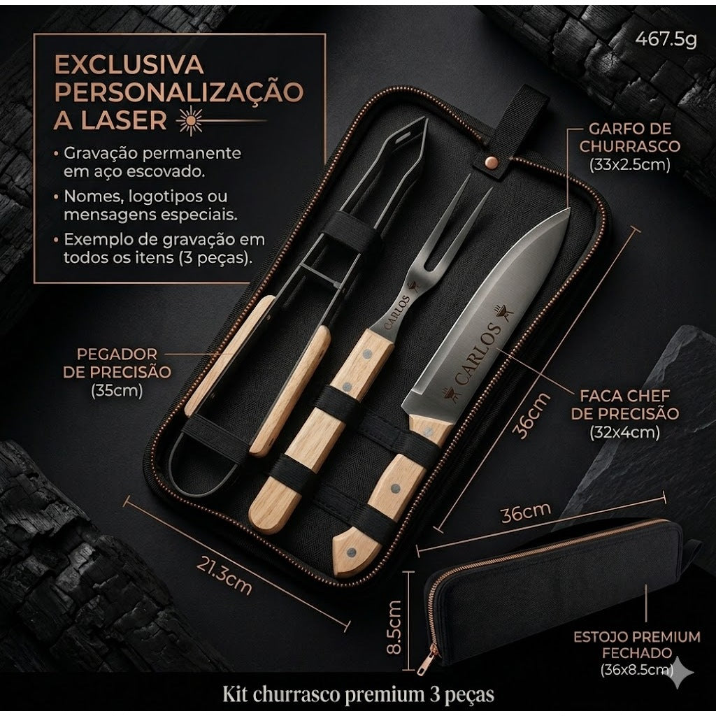 Brinde Corporativo Premium: Kit Churrasco Personalizado Laser 3 Peças + Estojo