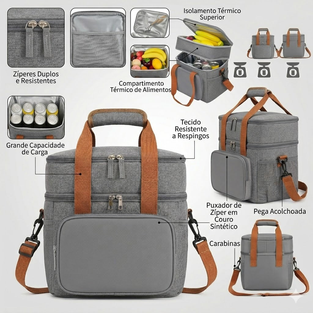 Bolsa Térmica Premium Duplo Compartimento Impermeável - Cinza Mescla/Caramelo