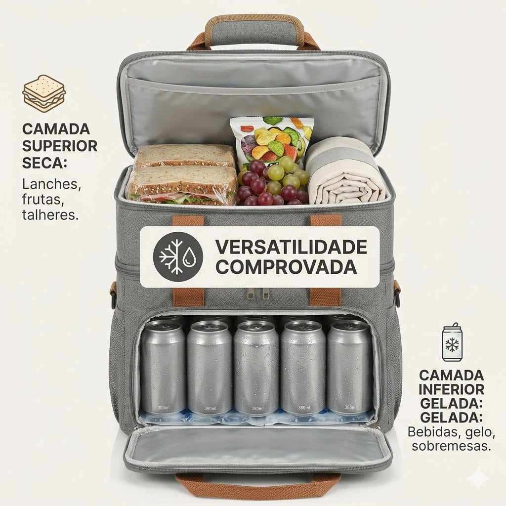 Bolsa Térmica Premium Duplo Compartimento Impermeável - Cinza Mescla/Caramelo