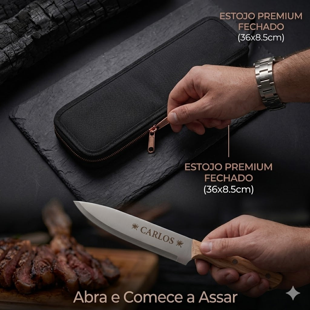 Brinde Corporativo Premium: Kit Churrasco Personalizado Laser 3 Peças + Estojo