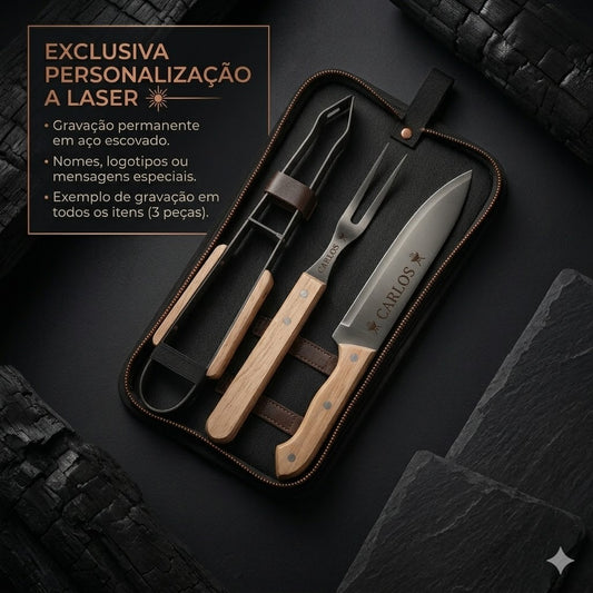 Brinde Corporativo Premium: Kit Churrasco Personalizado Laser 3 Peças + Estojo