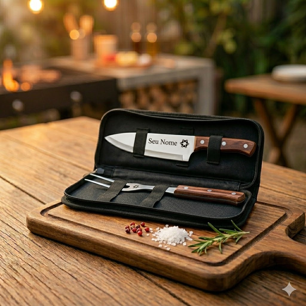 Kit Churrasco Personalizado Inox Faca e Garfo com Estojo Brinde Corporativo