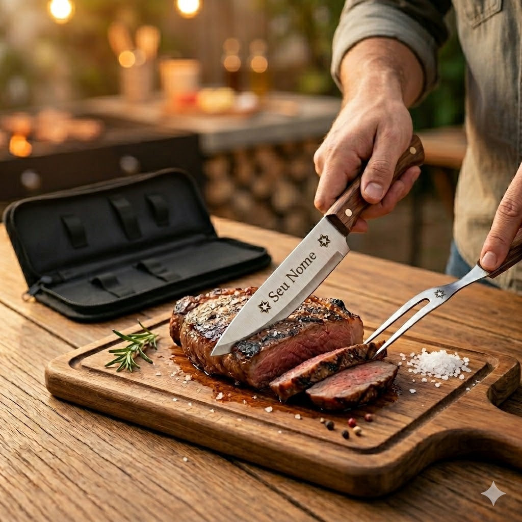 Kit Churrasco Personalizado Inox Faca e Garfo com Estojo Brinde Corporativo