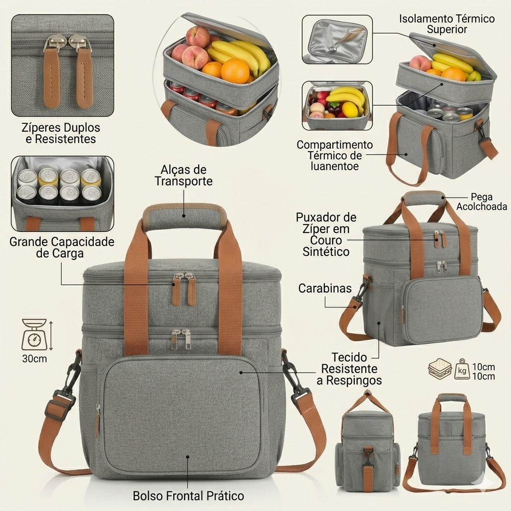 Bolsa Térmica Premium Duplo Compartimento Impermeável - Cinza Mescla/Caramelo