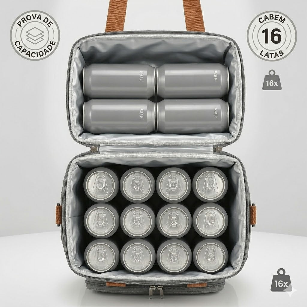 Bolsa Térmica Premium Duplo Compartimento Impermeável - Cinza Mescla/Caramelo