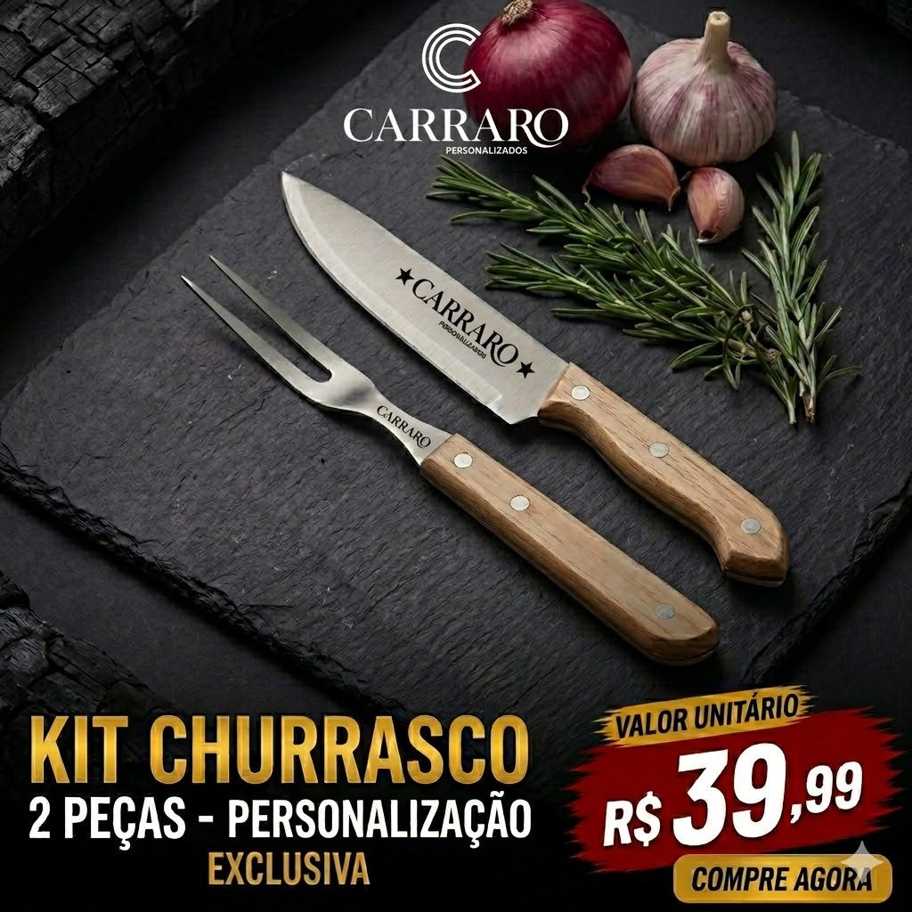 Kit Churrasco Personalizado Inox Faca e Garfo com Estojo Brinde Corporativo