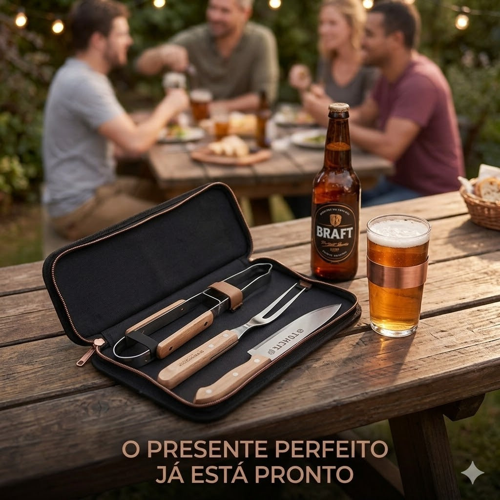 Brinde Corporativo Premium: Kit Churrasco Personalizado Laser 3 Peças + Estojo
