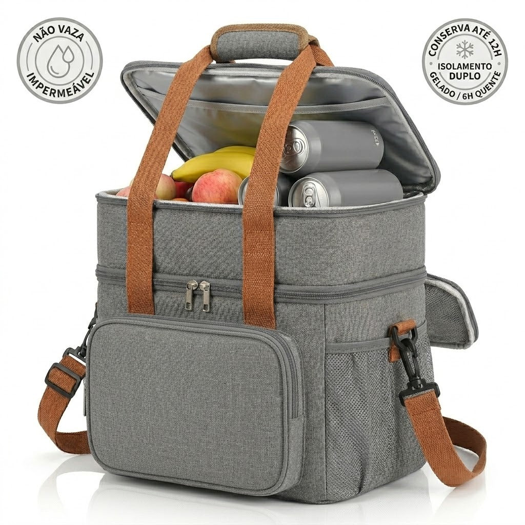 Bolsa Térmica Premium Duplo Compartimento Impermeável - Cinza Mescla/Caramelo