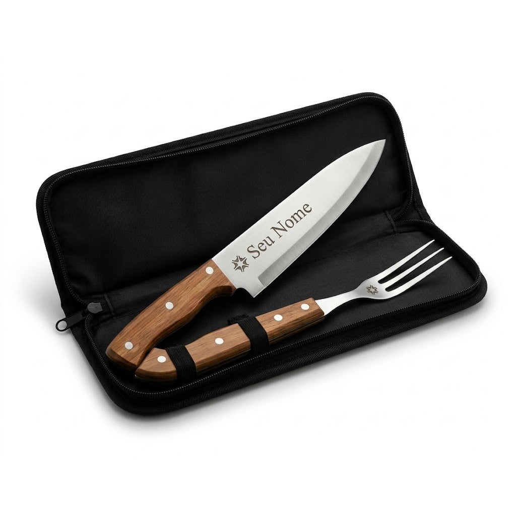 Kit Churrasco Personalizado Inox Faca e Garfo com Estojo Brinde Corporativo