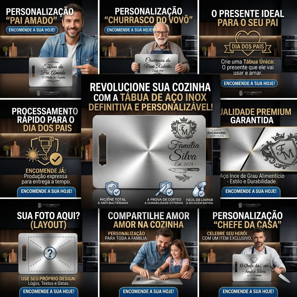 Tábua De Carne Inox 304 Premium Personalizada A Laser Dia Dos Pais Tábua De Corte Higiênica Não Acumula Bactérias