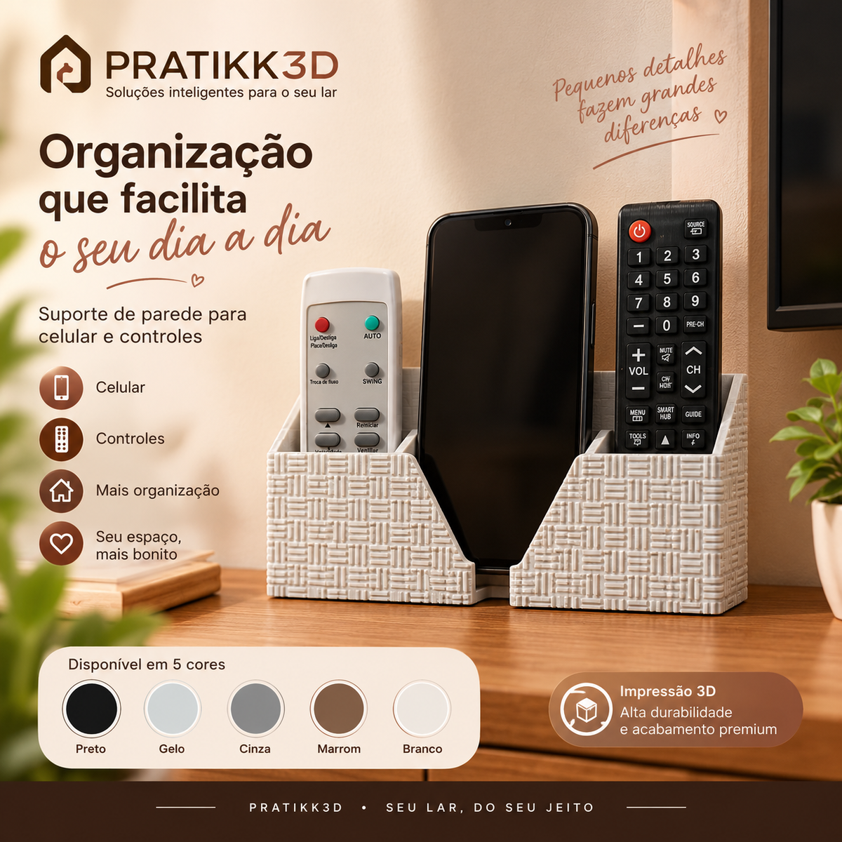 Suporte de Parede para Celular e 2 Controles TV Ar Condicionado Organizador 3D