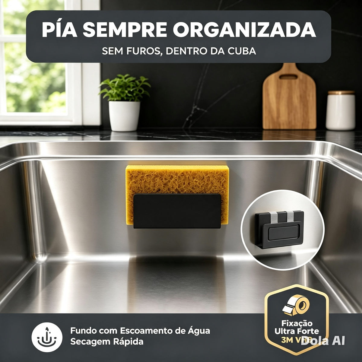 Suporte para Esponja Pia Sem Furos Não Acumula Água Sem Bolor Fita 3M Forte
