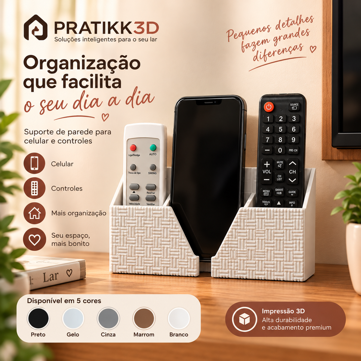Suporte de Parede para Celular e 2 Controles TV Ar Condicionado Organizador 3D