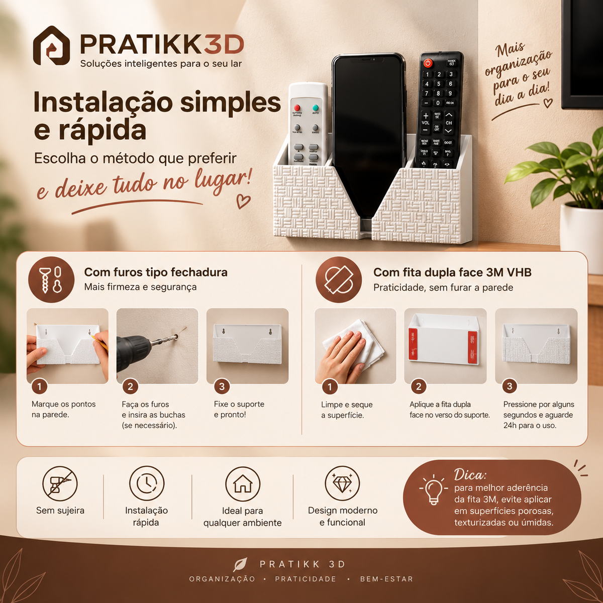 Suporte de Parede para Celular e 2 Controles TV Ar Condicionado Organizador 3D