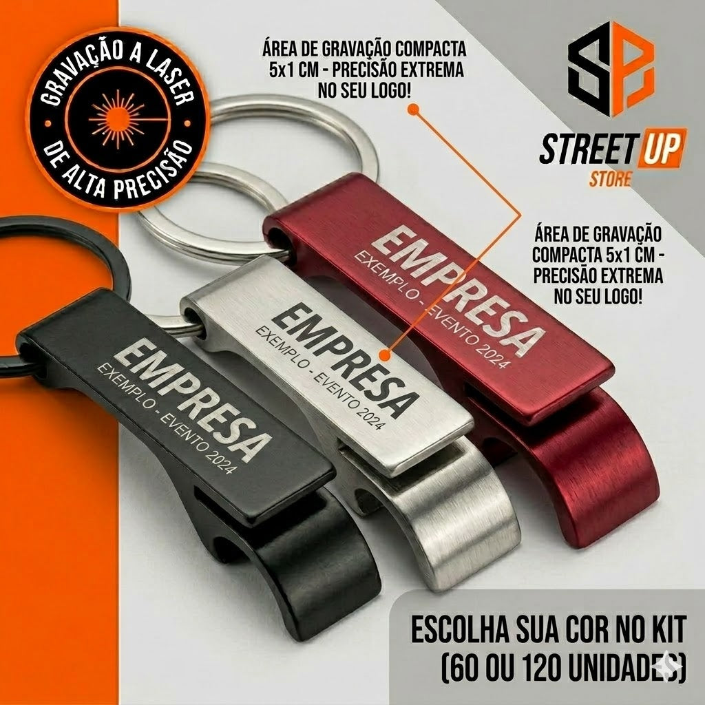Kit 60 ou 120 Chaveiro Abridor de Garrafa Metal Personalizado  Laser - Brinde Atacado Empresa Evento