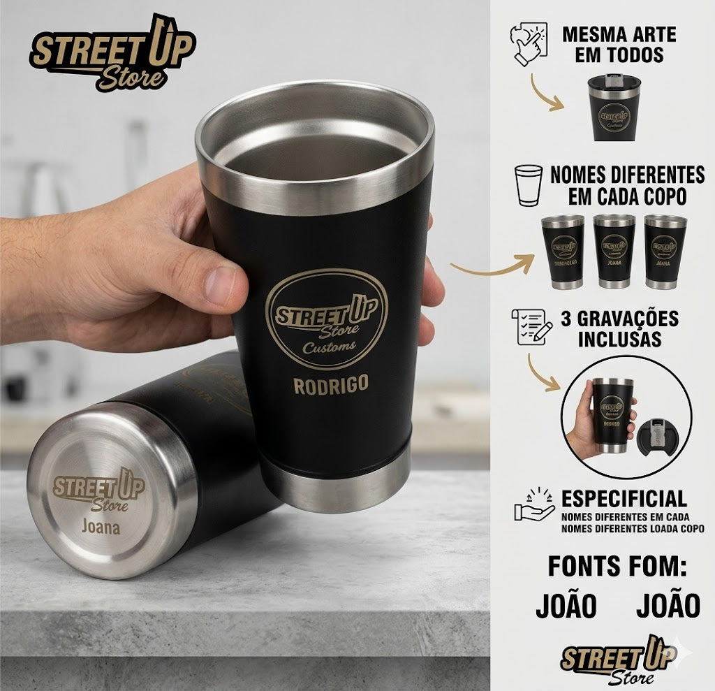 Kit Copos Térmicos 473ml Inox Personalizados Frente e Verso com Tampa – Café, Cerveja, Drinks, Chimarrão e Tereré