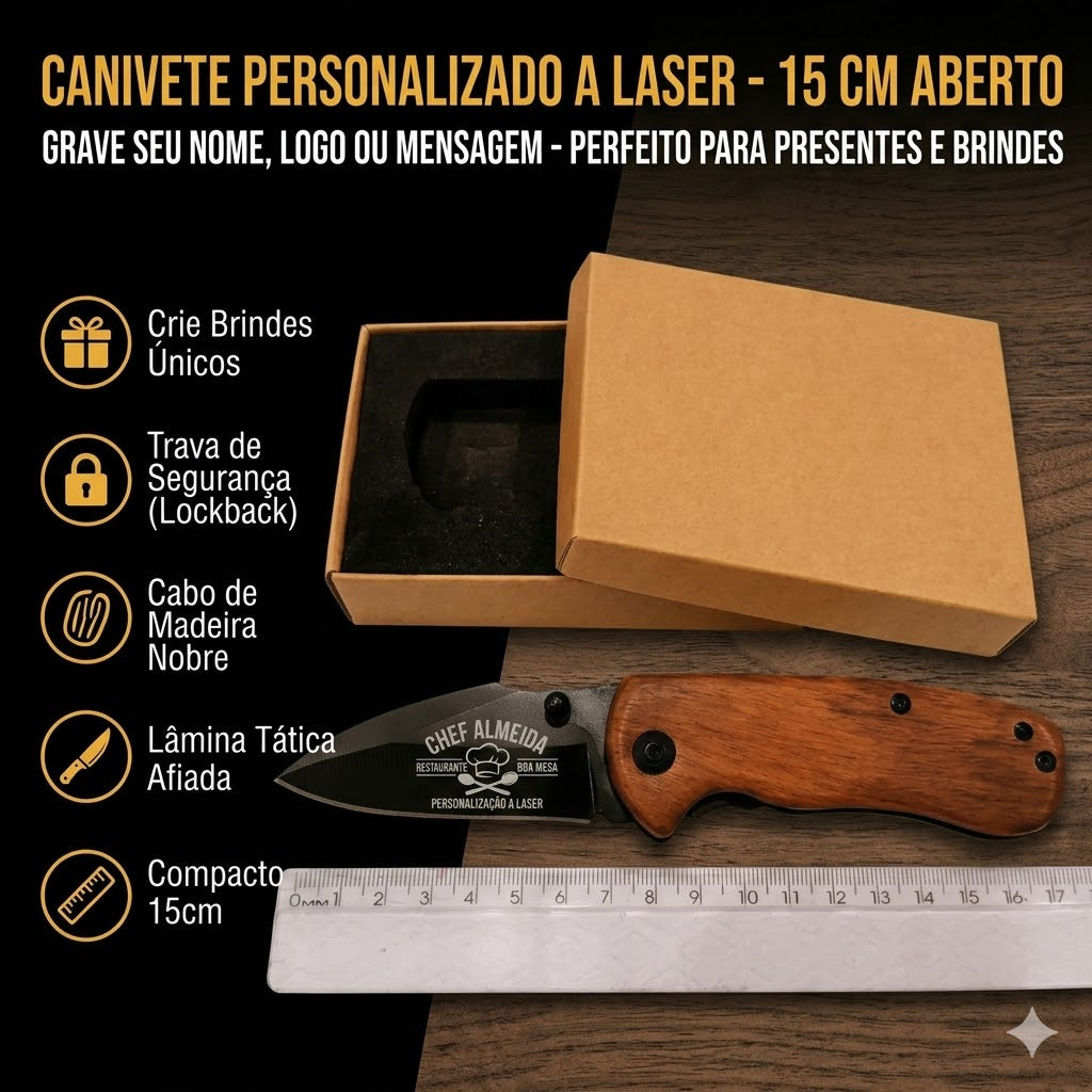 Canivete Cabo Madeira Personalizado A Laser + Caixa Presente