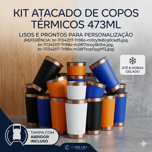 Kit Copos Térmicos 473ml Inox Lisos com Tampa – Bebidas Geladas e Quentes