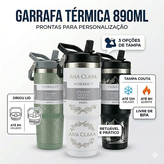 Copo Térmico 890ml Inox Personalizado com Tampa – Super Capacidade para Bebidas Geladas e Quentes