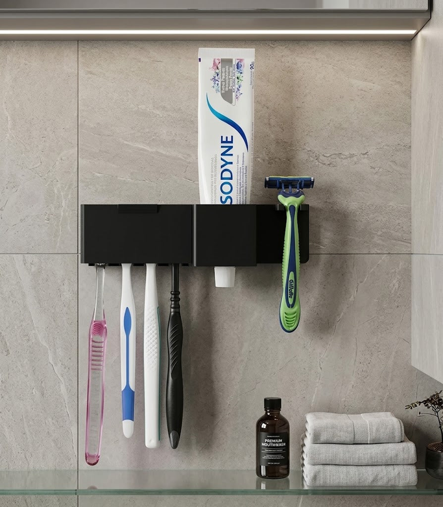 Suporte Porta Escova Dente Parede Adesivo Sem Furo Com Tampa Protetora 6 em 1 Fixação 3M