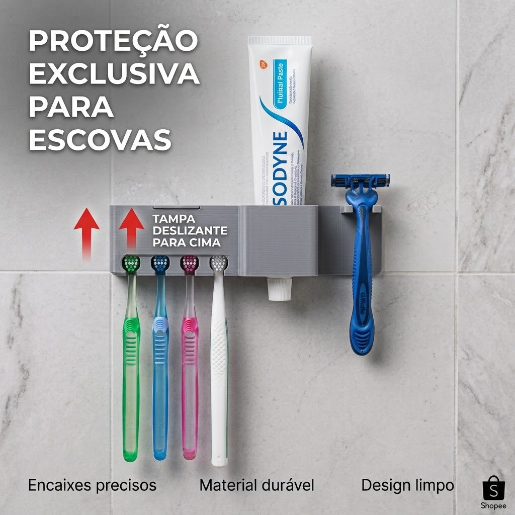 Suporte Porta Escova Dente Parede Adesivo Sem Furo Com Tampa Protetora 6 em 1 Fixação 3M