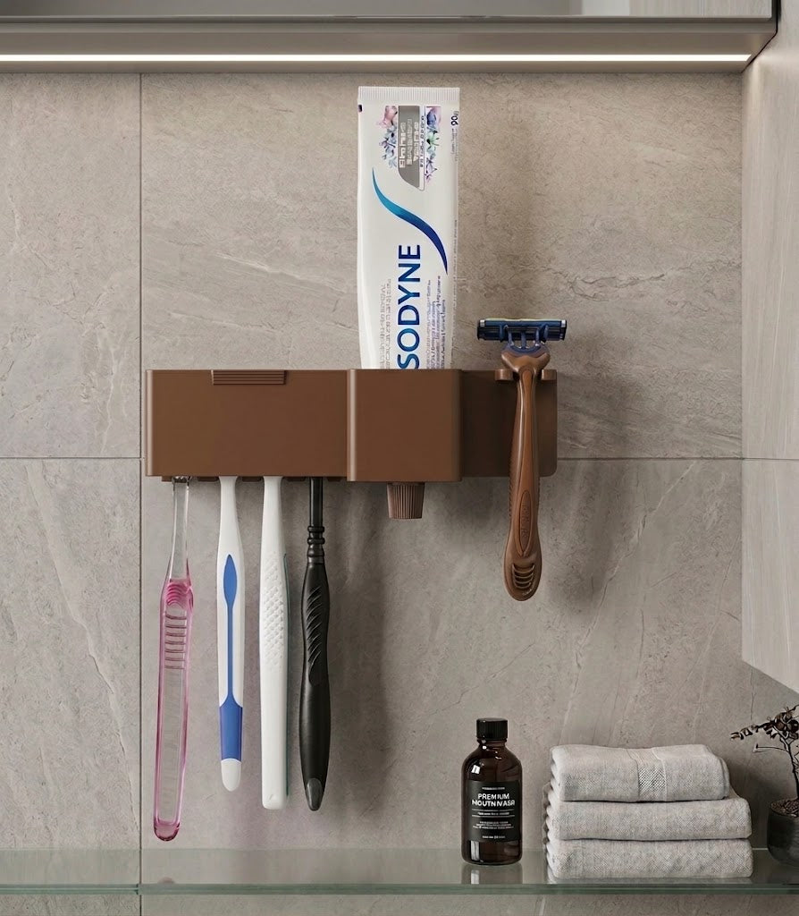 Suporte Porta Escova Dente Parede Adesivo Sem Furo Com Tampa Protetora 6 em 1 Fixação 3M