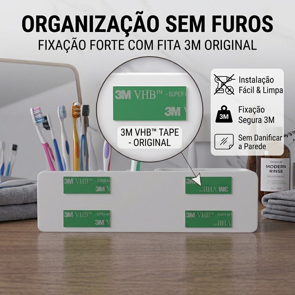 Suporte Porta Escova Dente Parede Adesivo Sem Furo Com Tampa Protetora 6 em 1 Fixação 3M