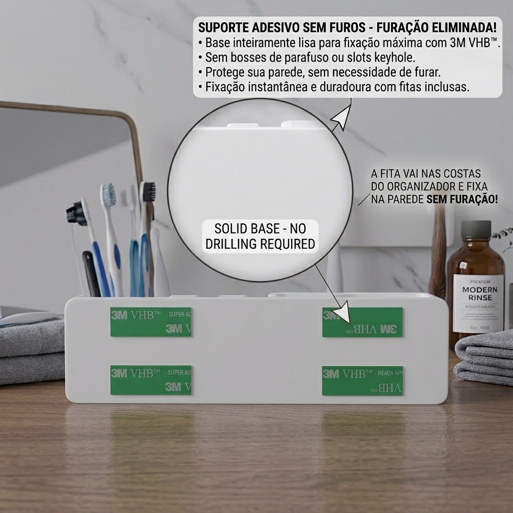 Suporte Porta Escova Dente Parede Adesivo Sem Furo Com Tampa Protetora 6 em 1 Fixação 3M