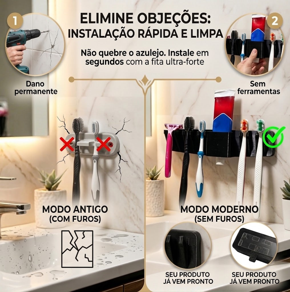 Suporte De Banheiro 6 Em 1 Para Escova De Dente Prestobarba Pasta Sem Furo Parede Fita Dupla Face