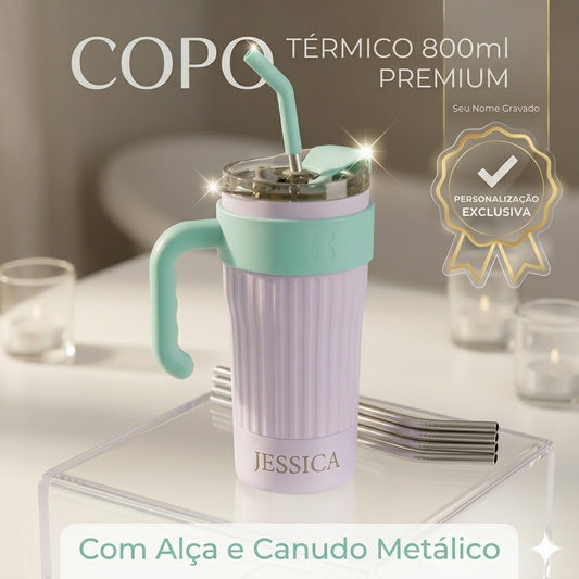 Copo Térmico 800ml Com Alça e Canudo Personalizado a laser com  Nome