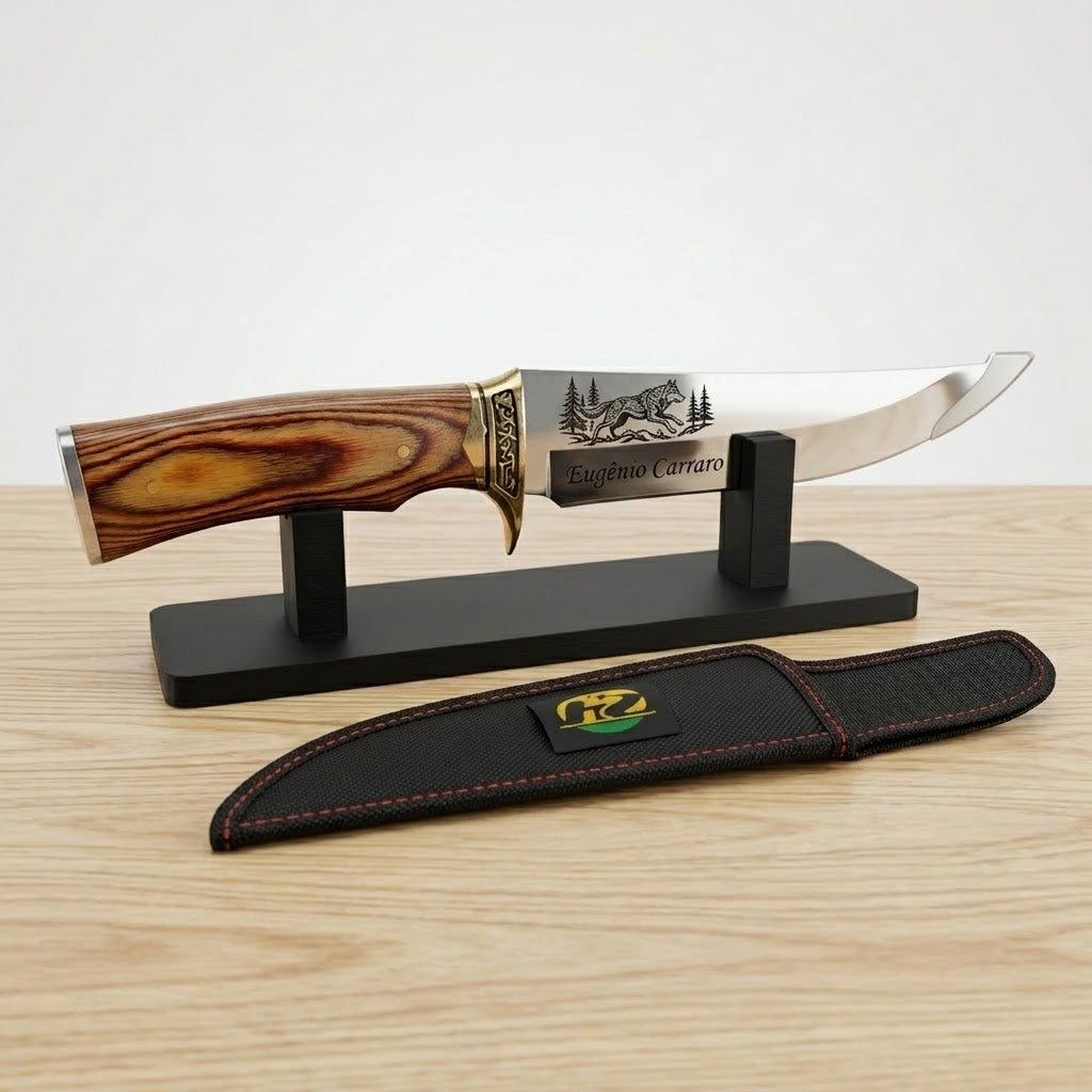 Faca De Caça Pesca Churrasco Luxo - Personalizada com Nome Gravado, Aço Inox, Madeira