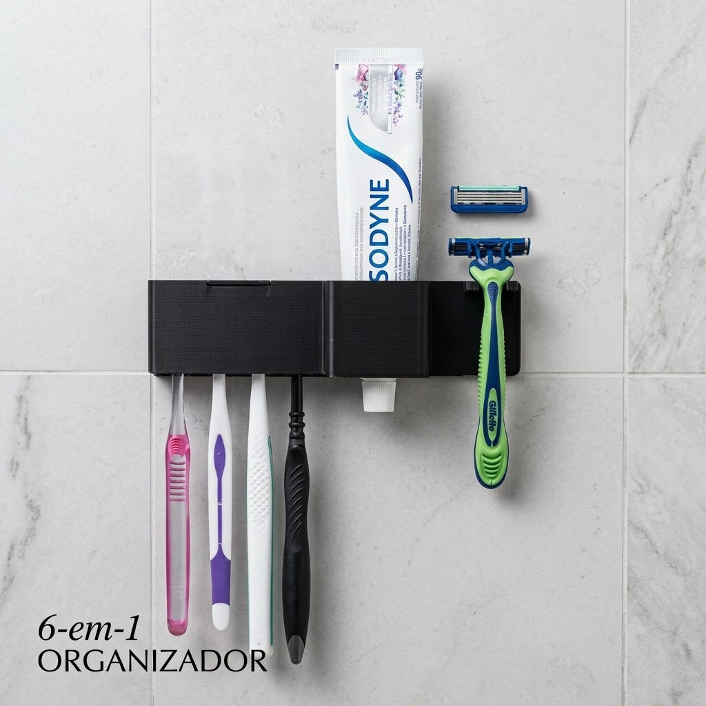 Suporte Porta Escova Dente Parede Adesivo Sem Furo Com Tampa Protetora 6 em 1 Fixação 3M