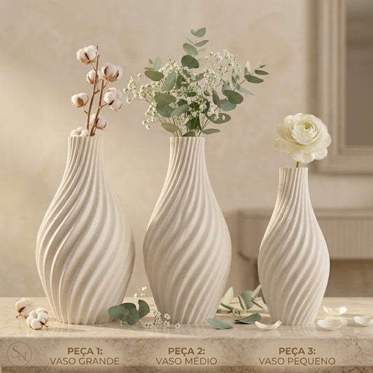 Kit 3 Vasos Decorativos Helicoidais Em Impressão 3D PLA Minimalista 14cm 16cm 18cm Para Mesa e Aparador
