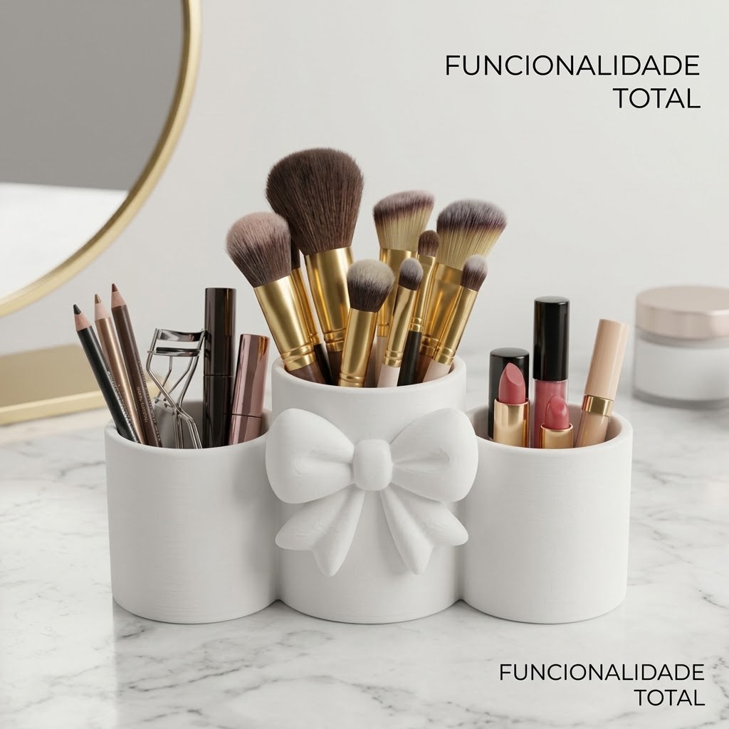 Porta Pincéis De Maquiagem E Canetas Com Laço Organizador Mesa Penteadeira 3D