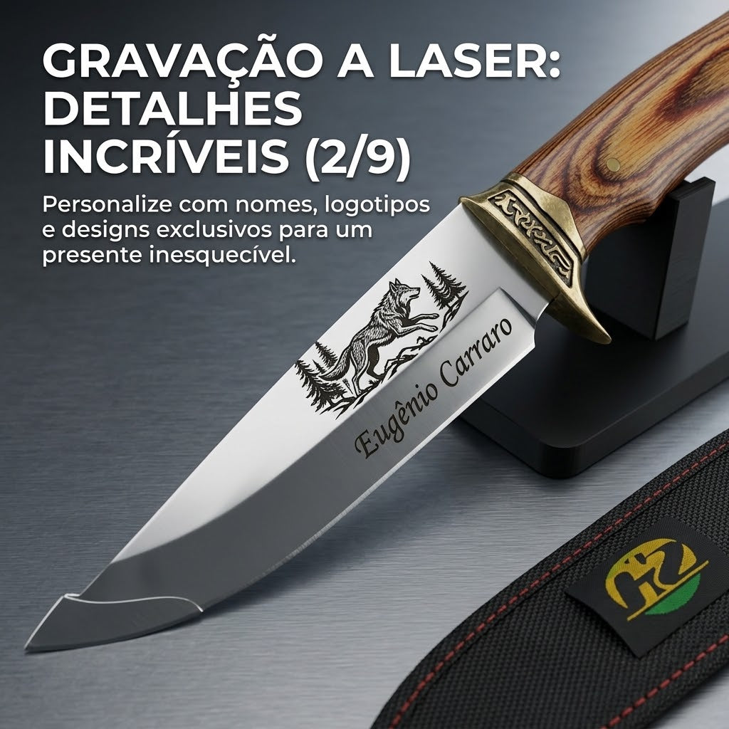 Faca De Caça Pesca Churrasco Luxo - Personalizada com Nome Gravado, Aço Inox, Madeira