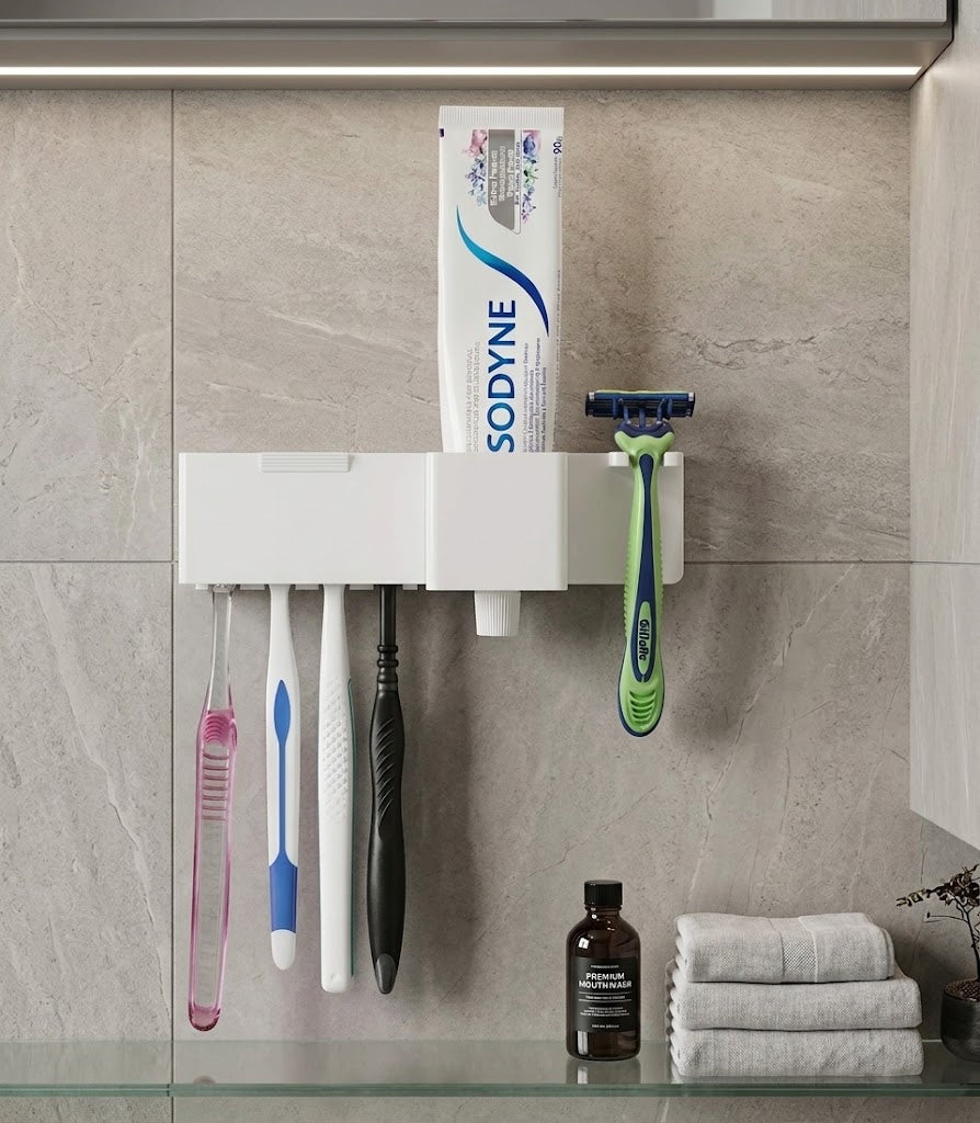 Suporte Porta Escova Dente Parede Adesivo Sem Furo Com Tampa Protetora 6 em 1 Fixação 3M