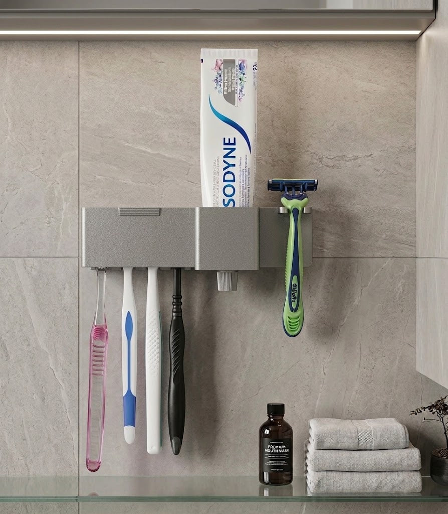 Suporte Porta Escova Dente Parede Adesivo Sem Furo Com Tampa Protetora 6 em 1 Fixação 3M